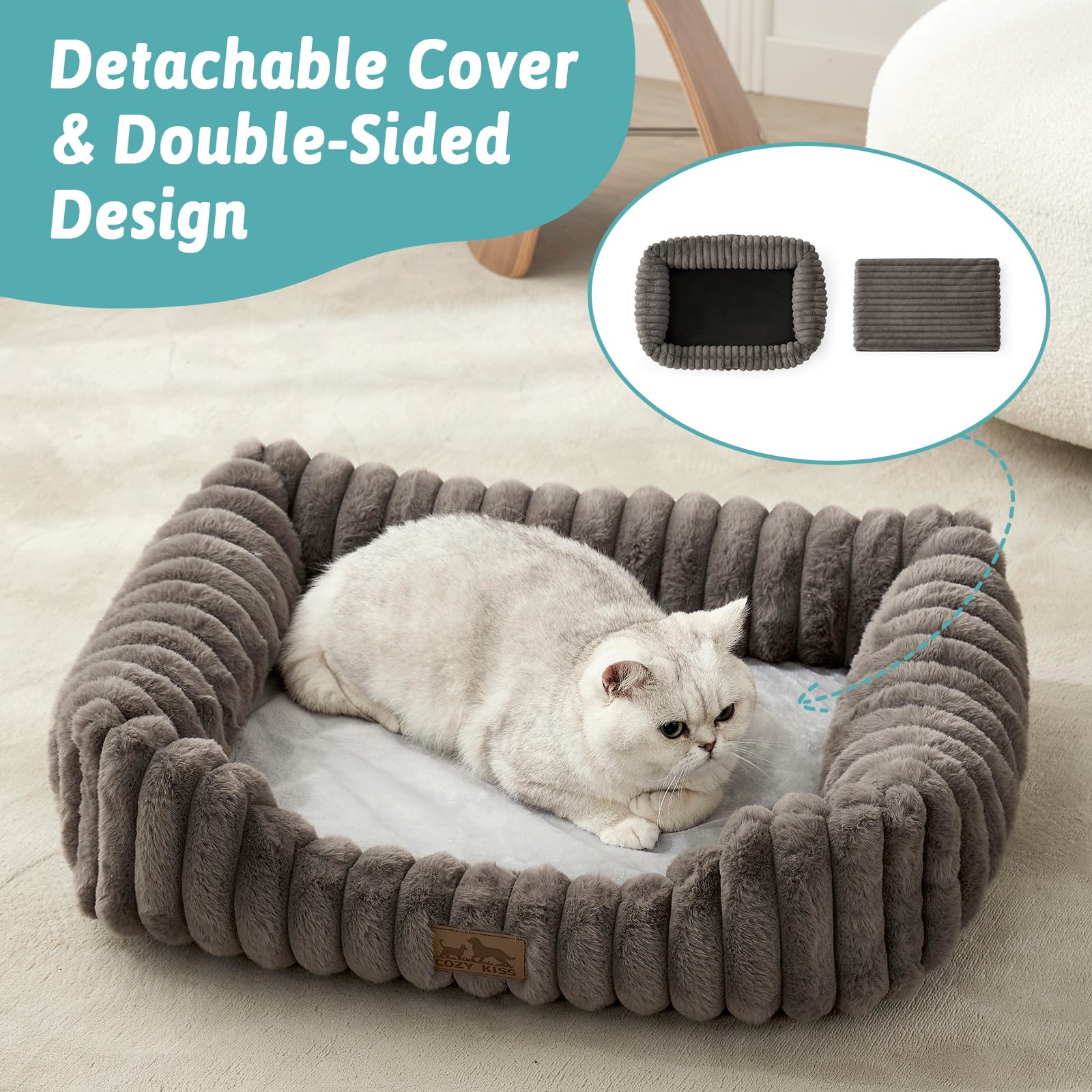 COZY KISS rectangular gray bed with soft faux fur interior