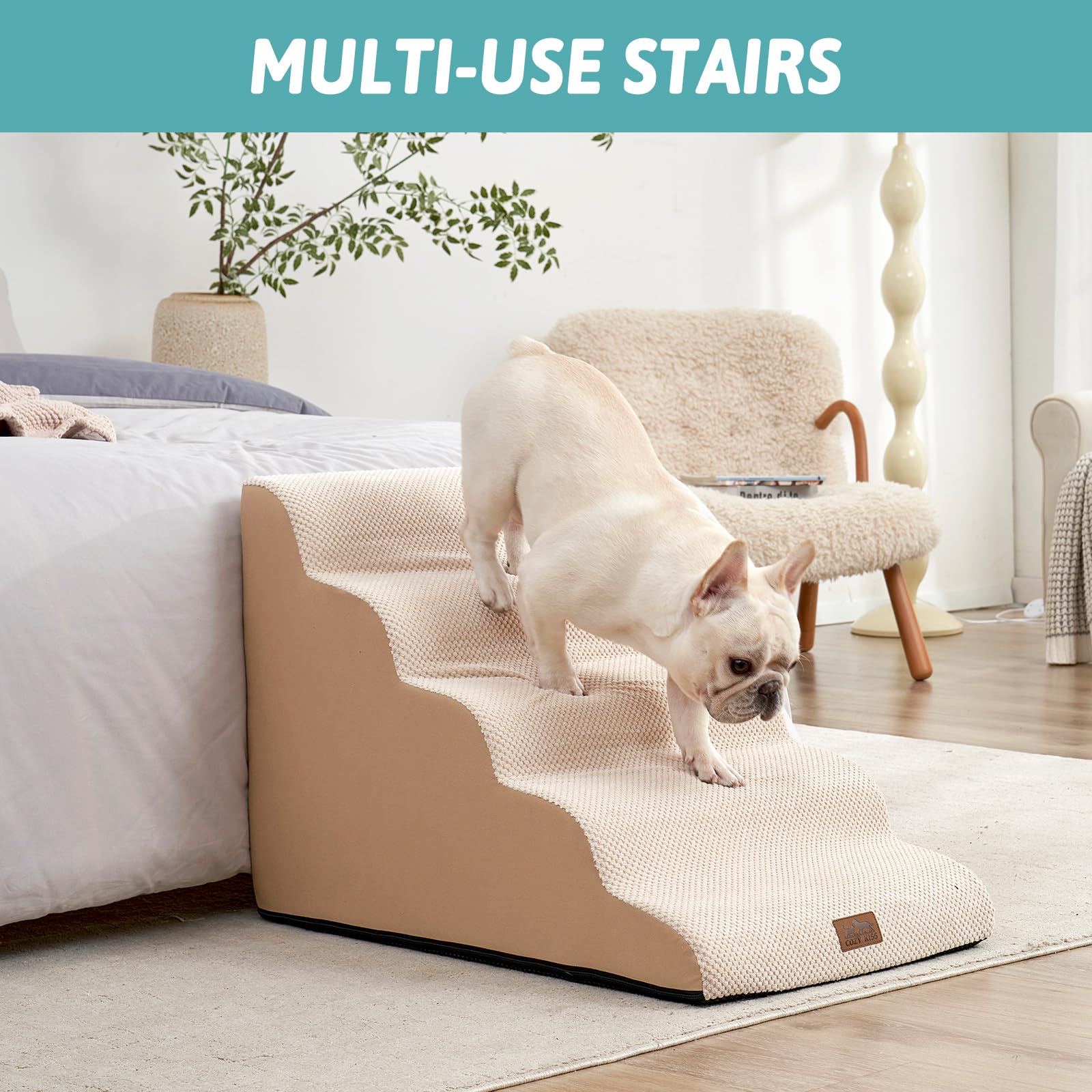 COZY KISS Wide Dog Stairs dimensions illustration highlighting 5-step height options.