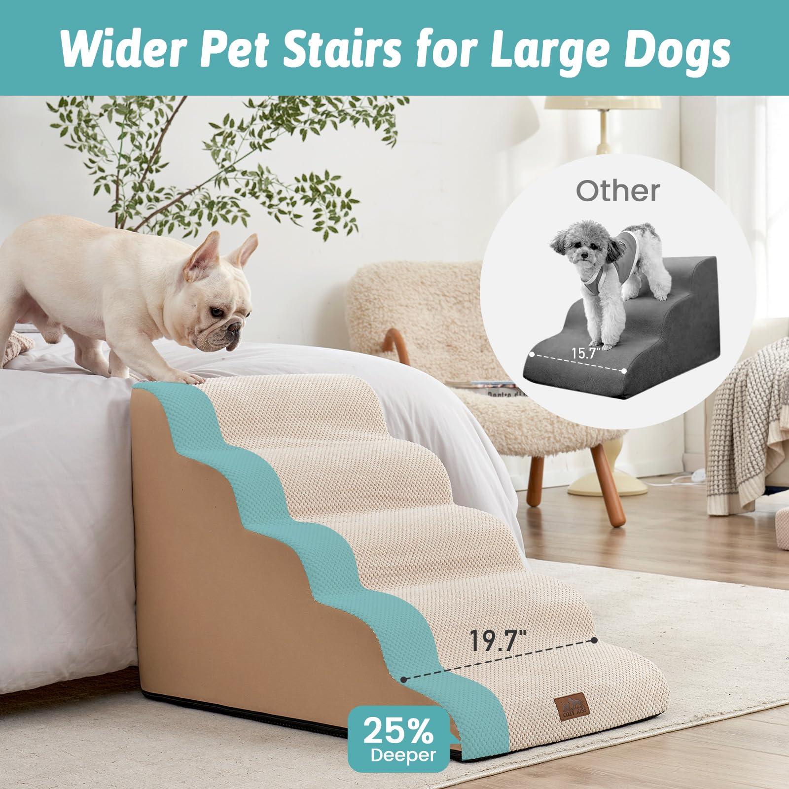 COZY KISS Wide Dog Stairs side view showing gentle ramp for mobility.