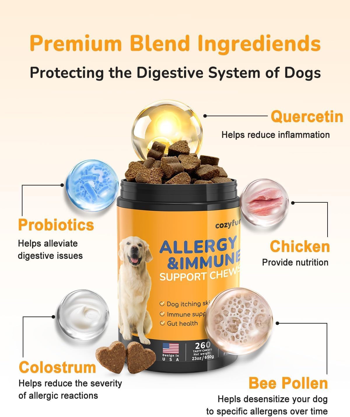 Cozyfun Dog Allergy Chews bottle front highlighting USA-made formula