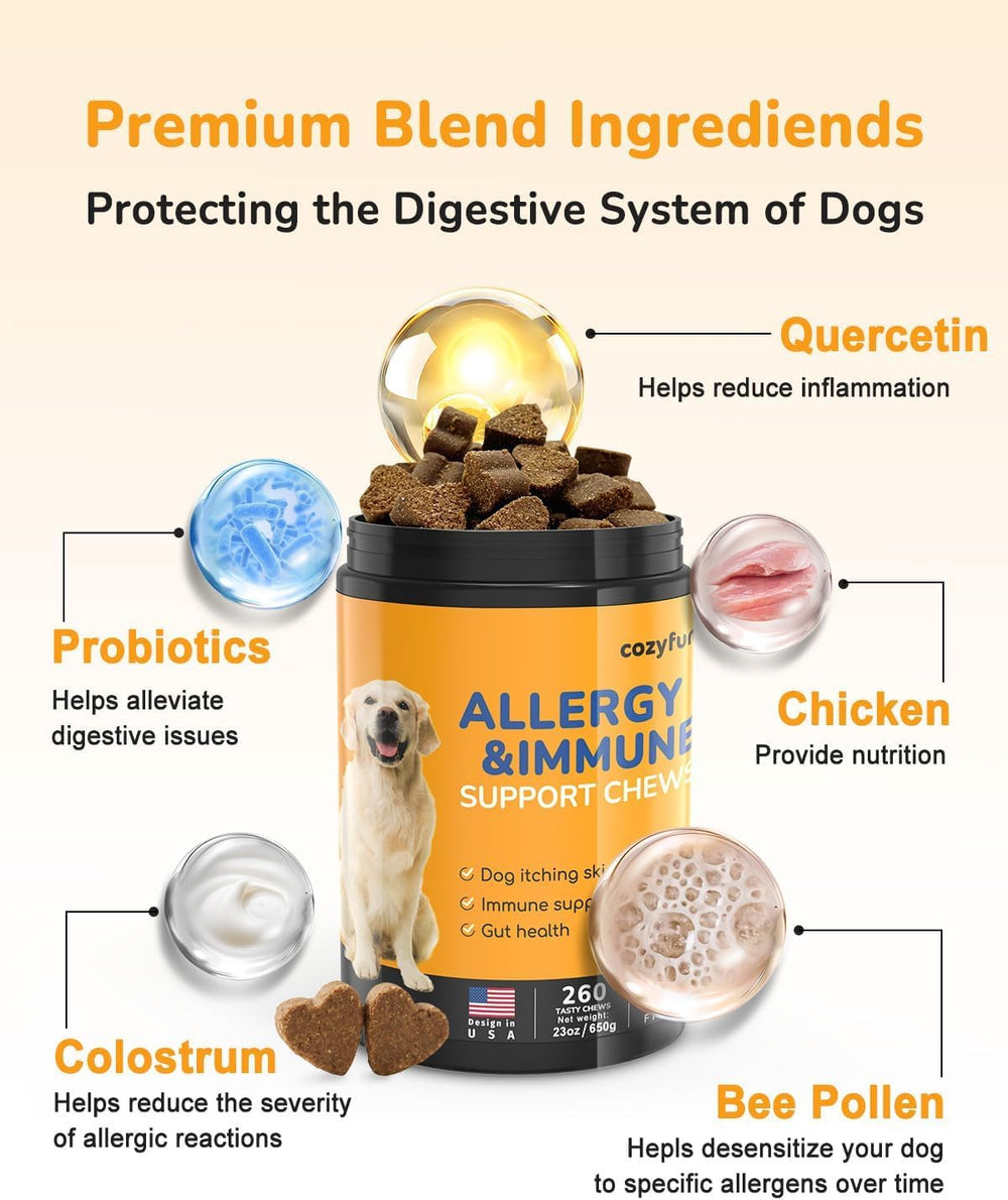 Cozyfun Dog Allergy Chews bottle front highlighting USA-made formula