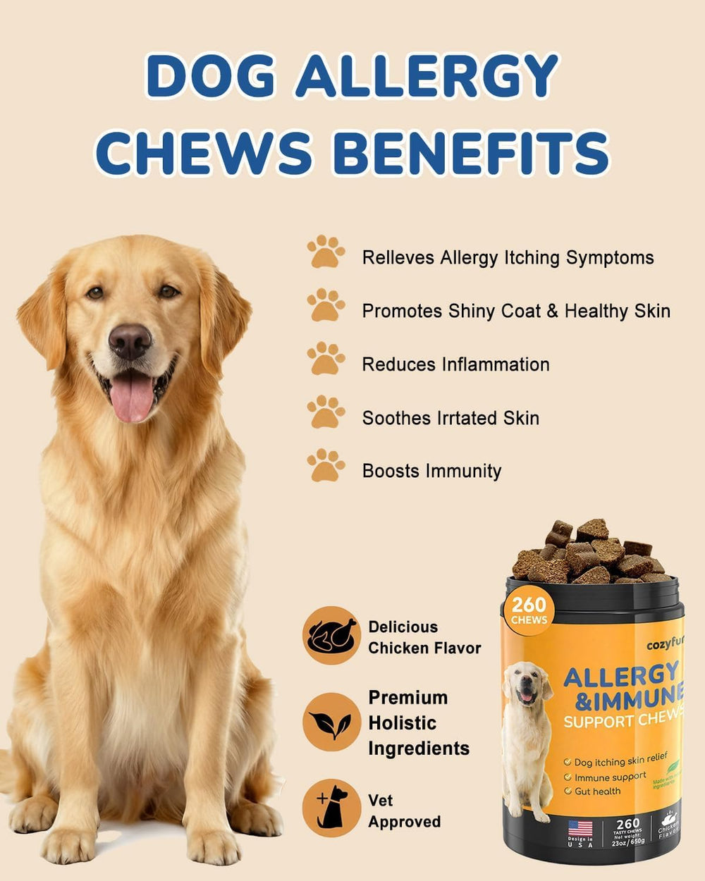 Cozyfun Dog Allergy Chews ingredients list featuring probiotics and chamomile