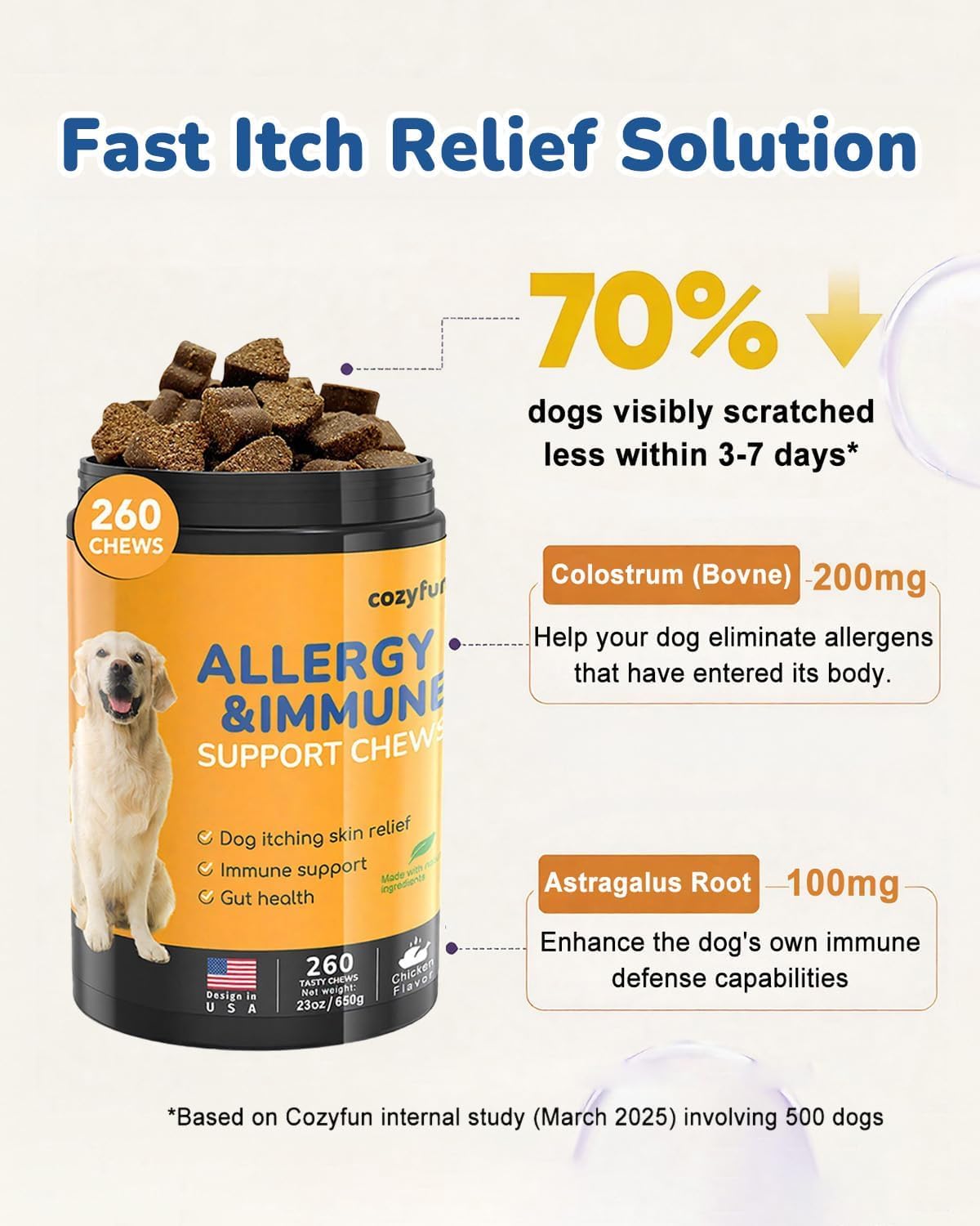 Cozyfun Dog Allergy Chews probiotic blends highlighting gut health support