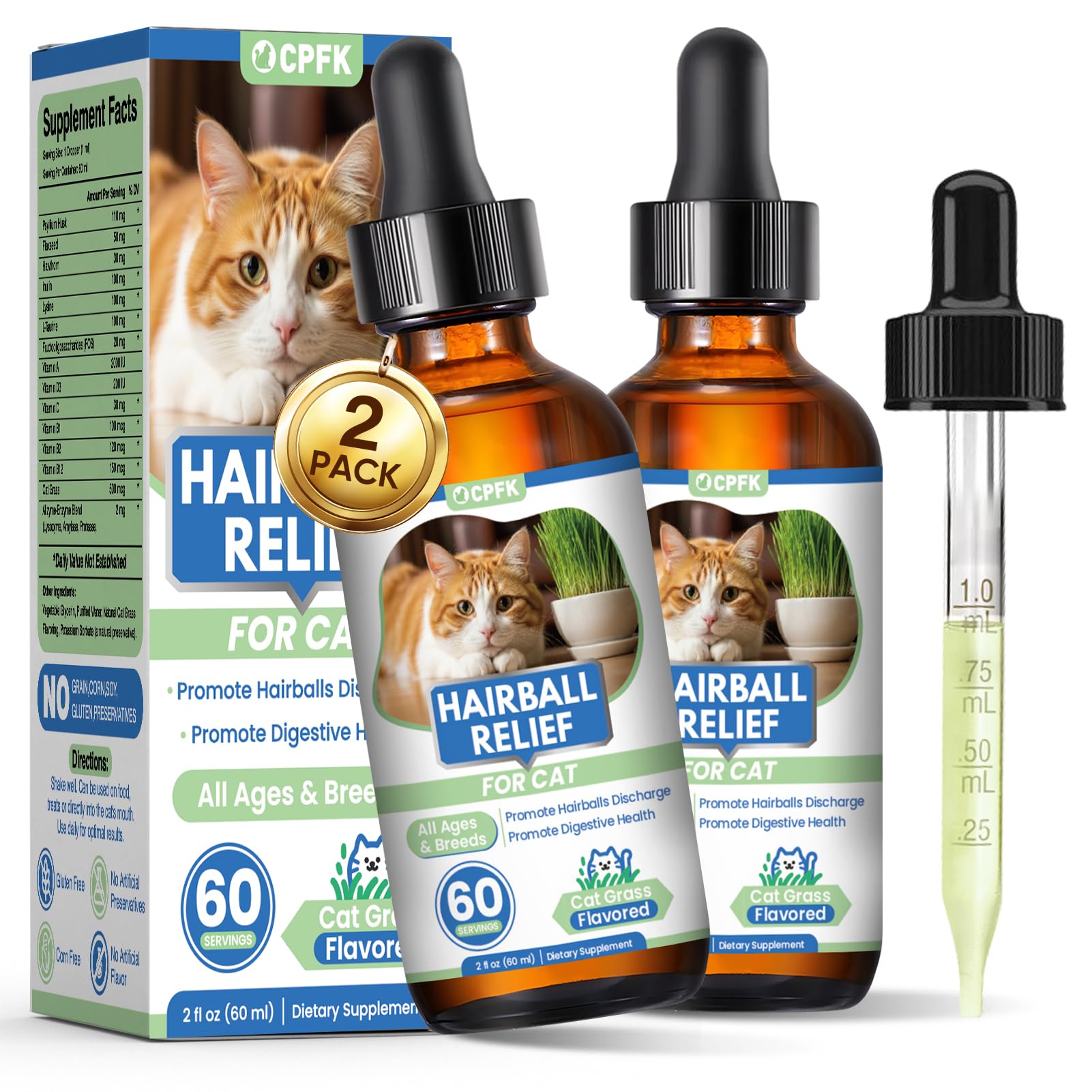 CPFK Cat Hairball Remedy Drops 60ml bottle in a 2-pack for convenient hairball control.