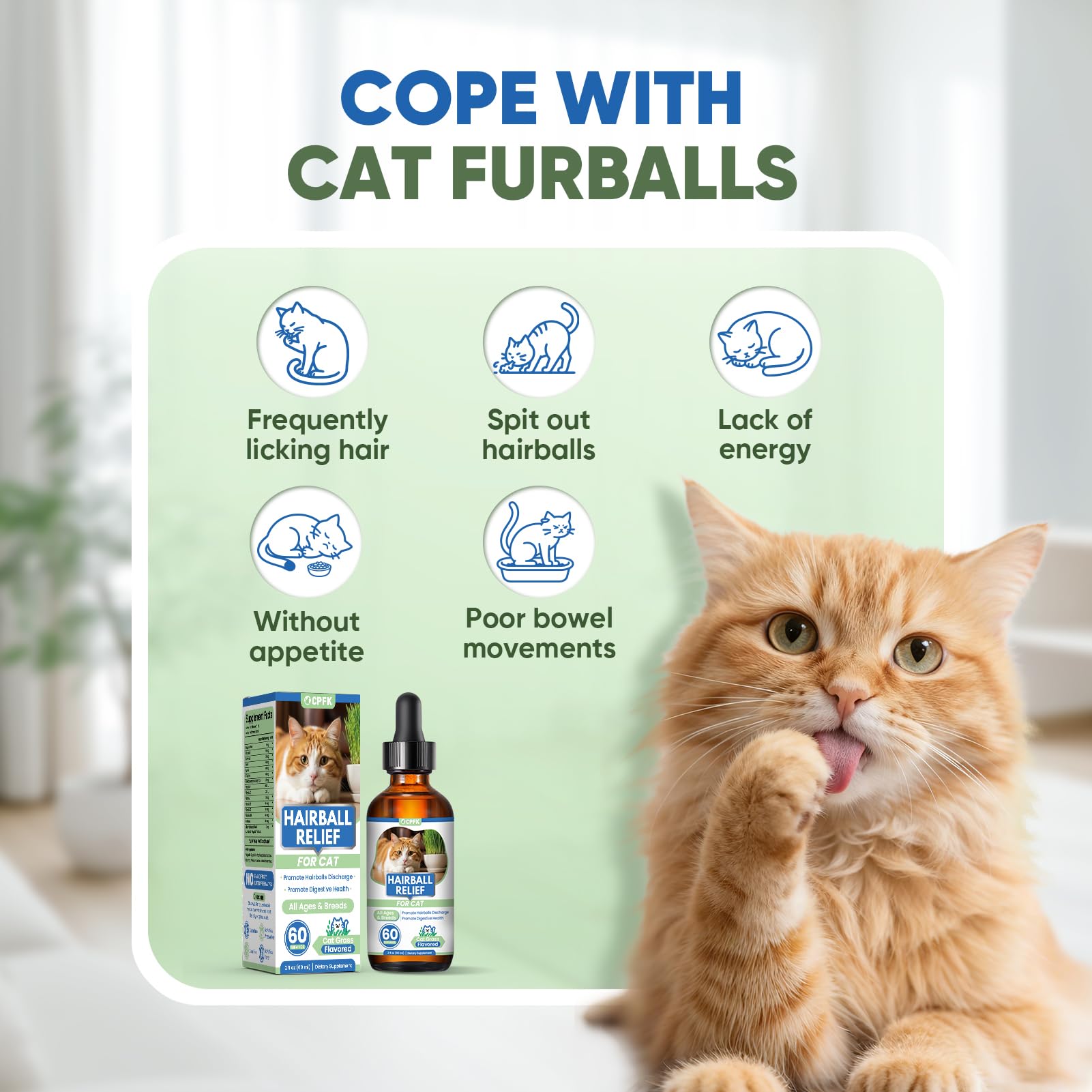 CPFK Hairball Drops Digestive Support communicates long-term gut health and coat shine benefits.