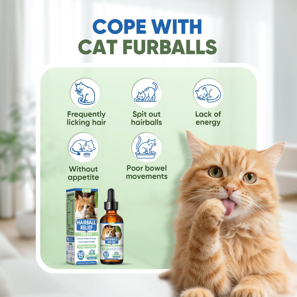 CPFK Hairball Drops Digestive Support communicates long-term gut health and coat shine benefits.