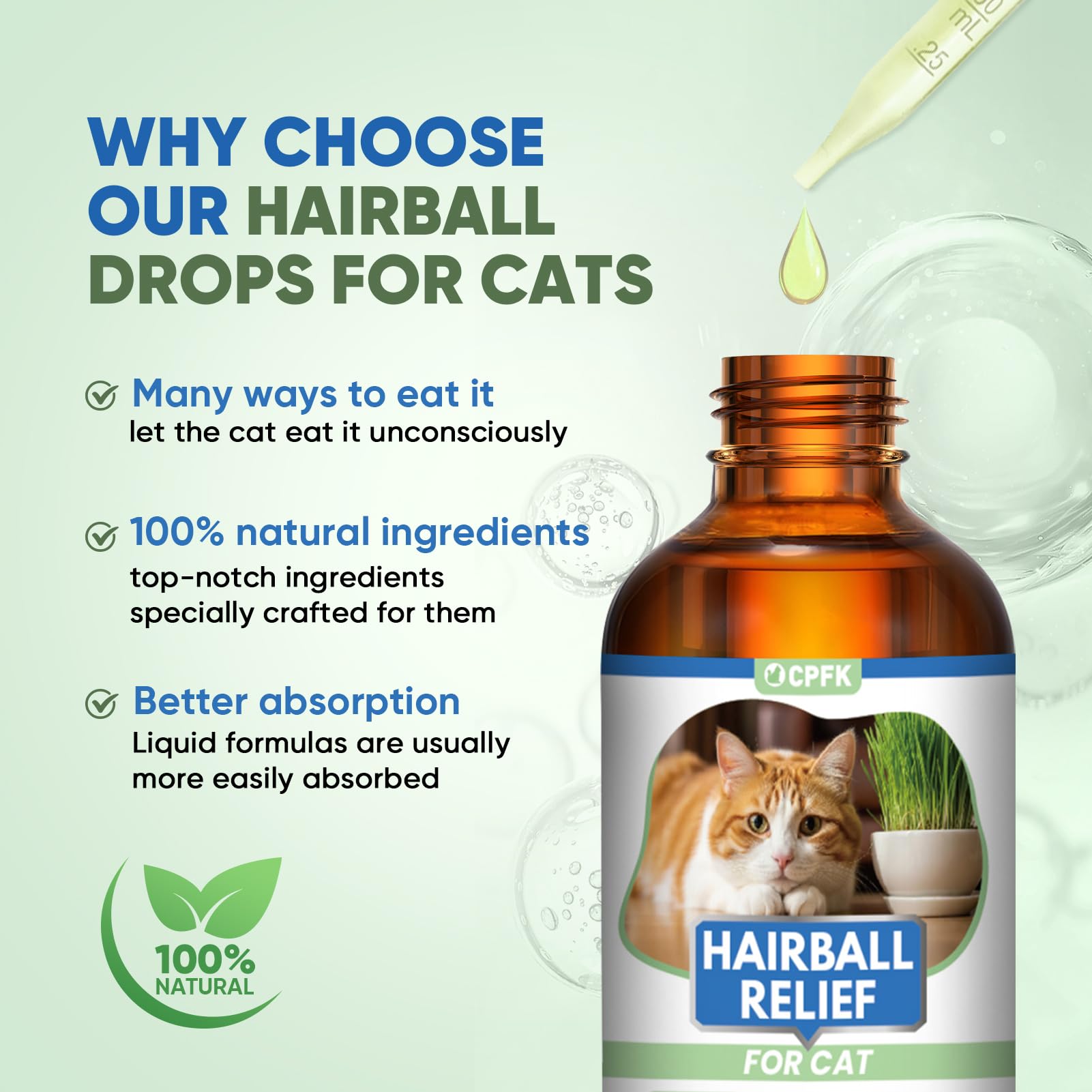 CPFK Cat Hairball Remedy Drops Indoor Cat Health use-case for reducing regurgitation.