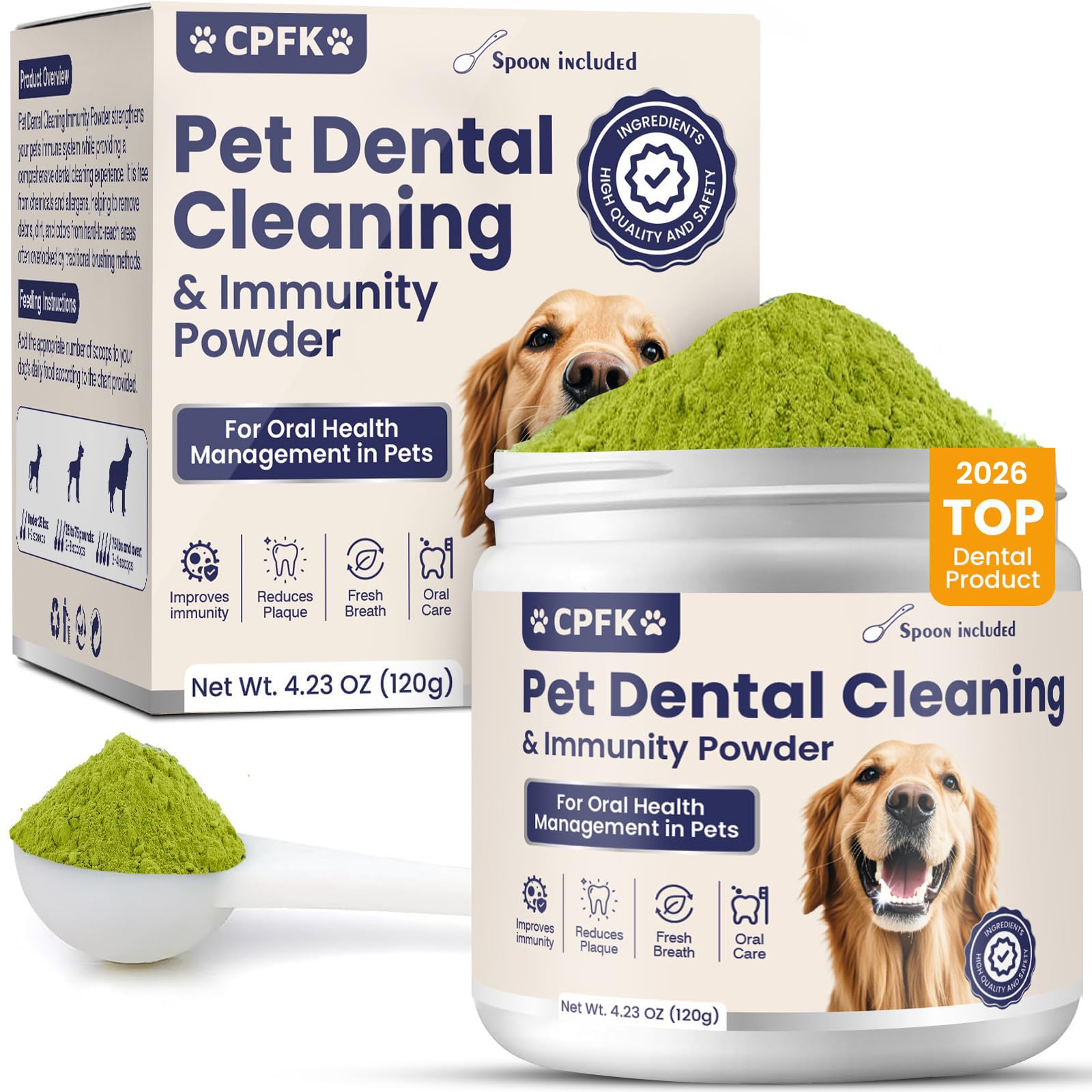 CPFK dog dental cleaning powder tub front showing packaging and ease of use.