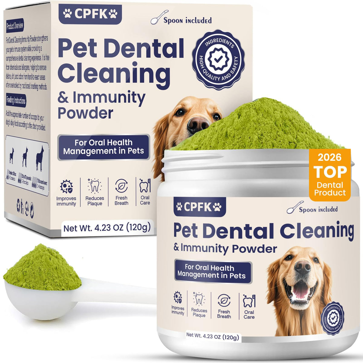 CPFK dog dental cleaning powder tub front showing packaging and ease of use.