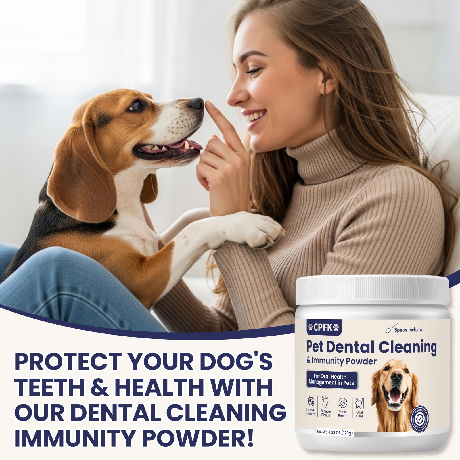 CPFK ingredients probiotics kelp and green tea support oral health and immune wellness.