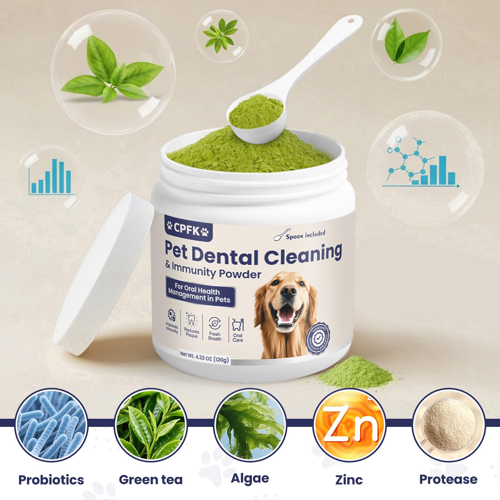 CPFK dog dental powder sprinkled into food without altering flavor.