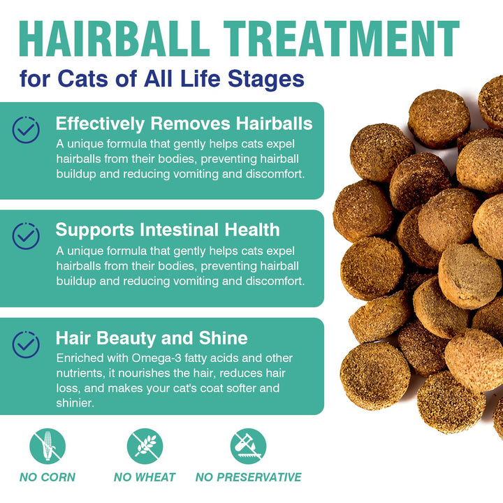 CPFK Hairball Remedy Treats bottle back, ingredient overview for calm digestion.