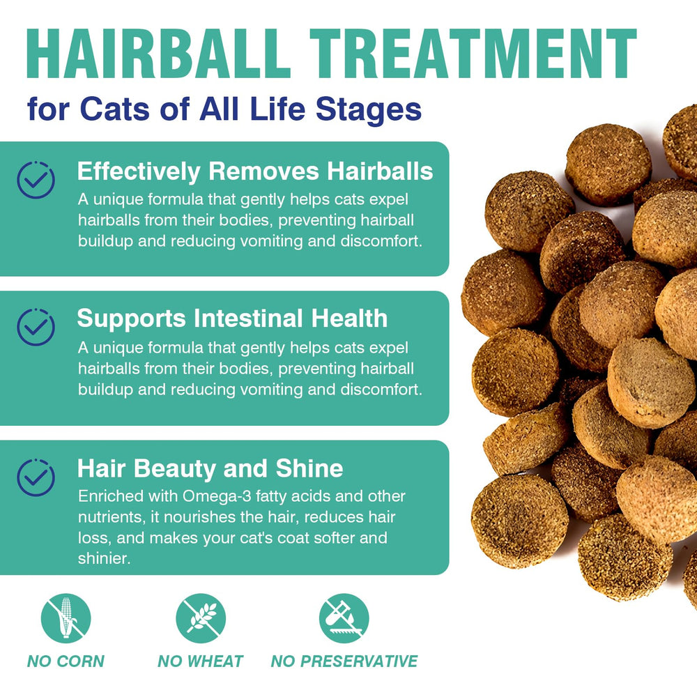 CPFK Hairball Remedy Treats bottle back, ingredient overview for calm digestion.