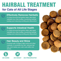 CPFK Hairball Remedy Treats bottle back, ingredient overview for calm digestion.