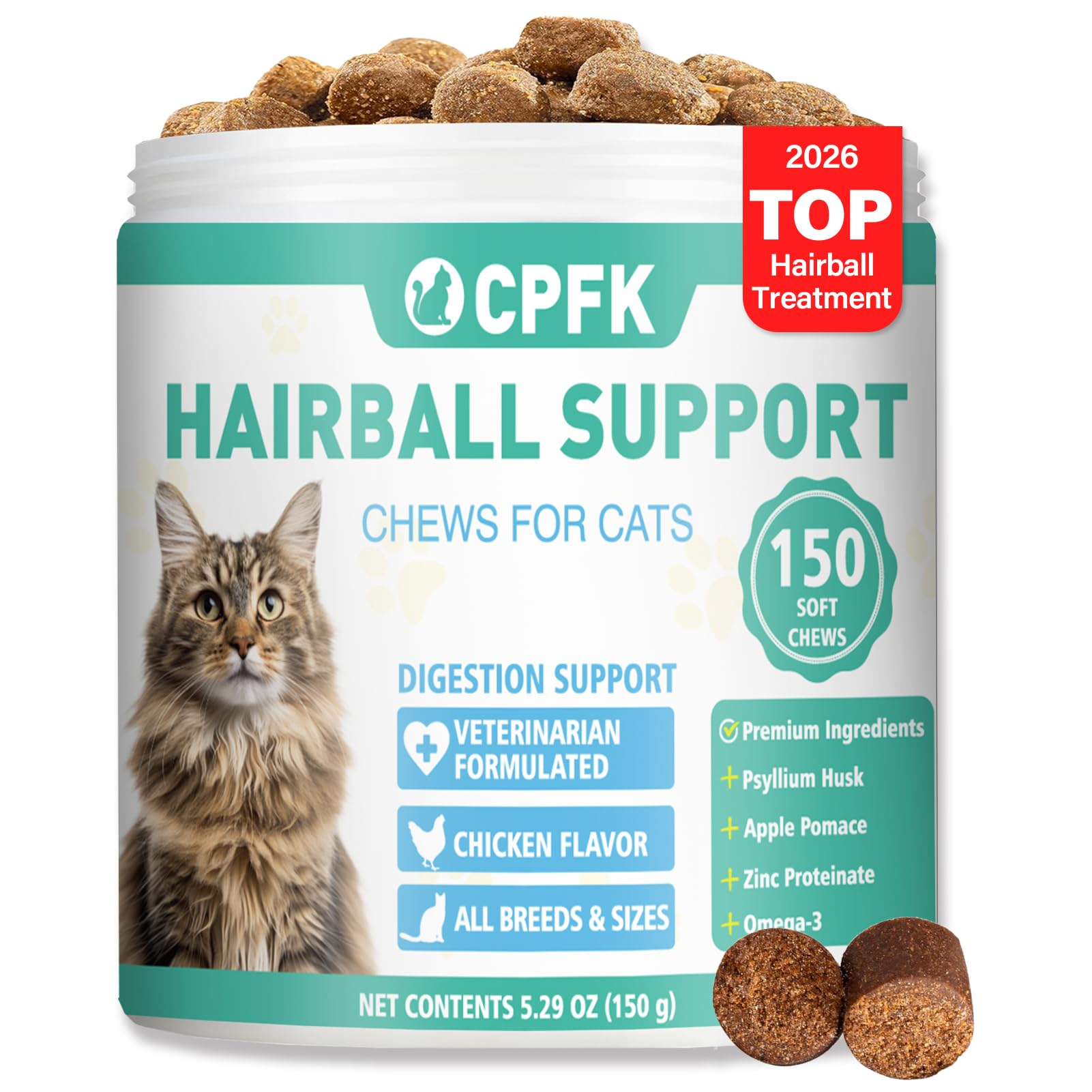 CPFK Hairball Remedy Treats bottle front, easy feeding for cats and hairball management.