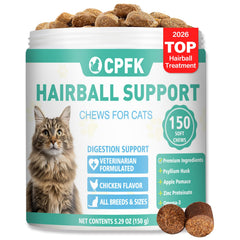 CPFK Hairball Remedy Treats bottle front, easy feeding for cats and hairball management.