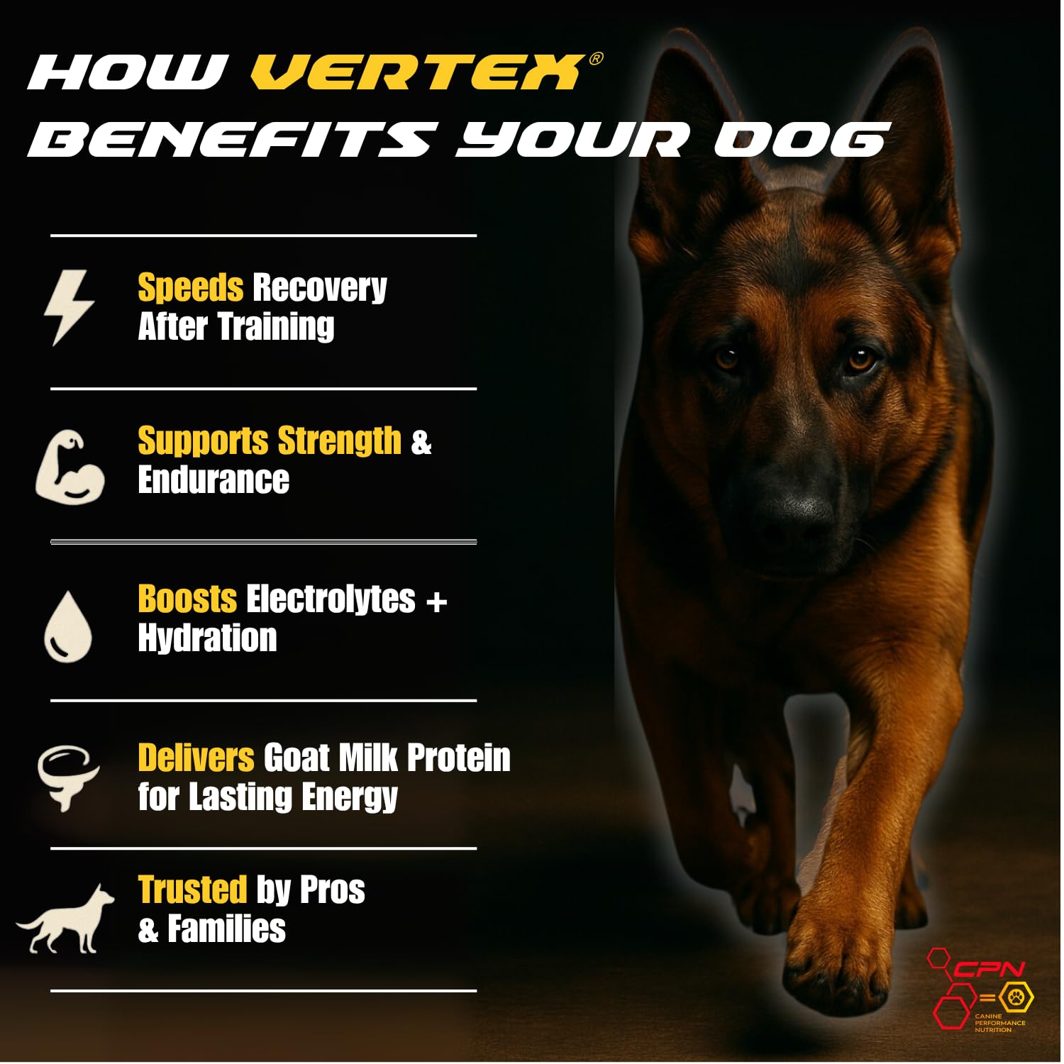 Vertex powder poured into a meal for performance nutrition.