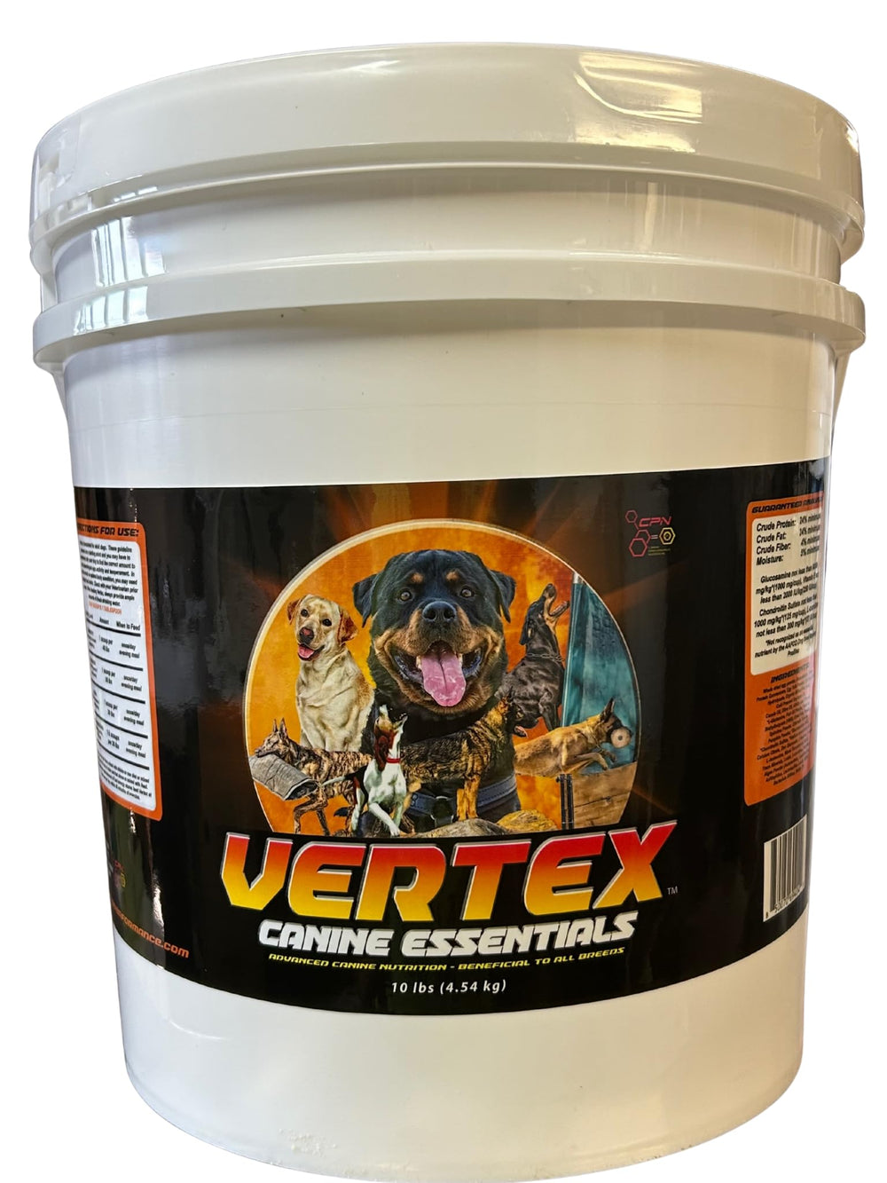 CPN Vertex tub front view highlighting a premium canine supplement for active dogs