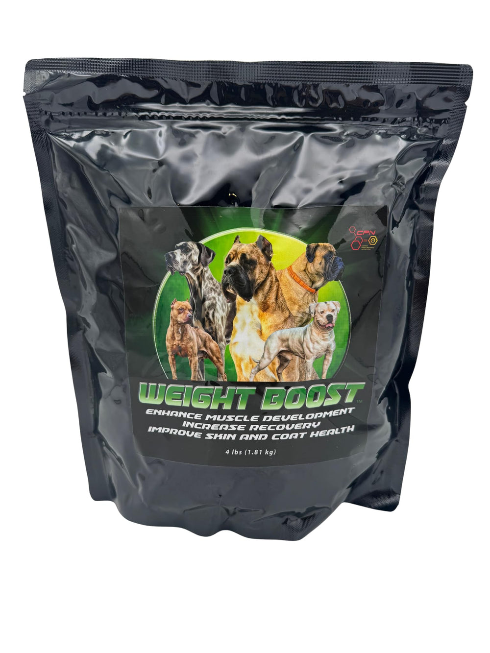 CPN Weight Boost tub close-up highlighting premium whey protein and healthy fats for lean muscle support.