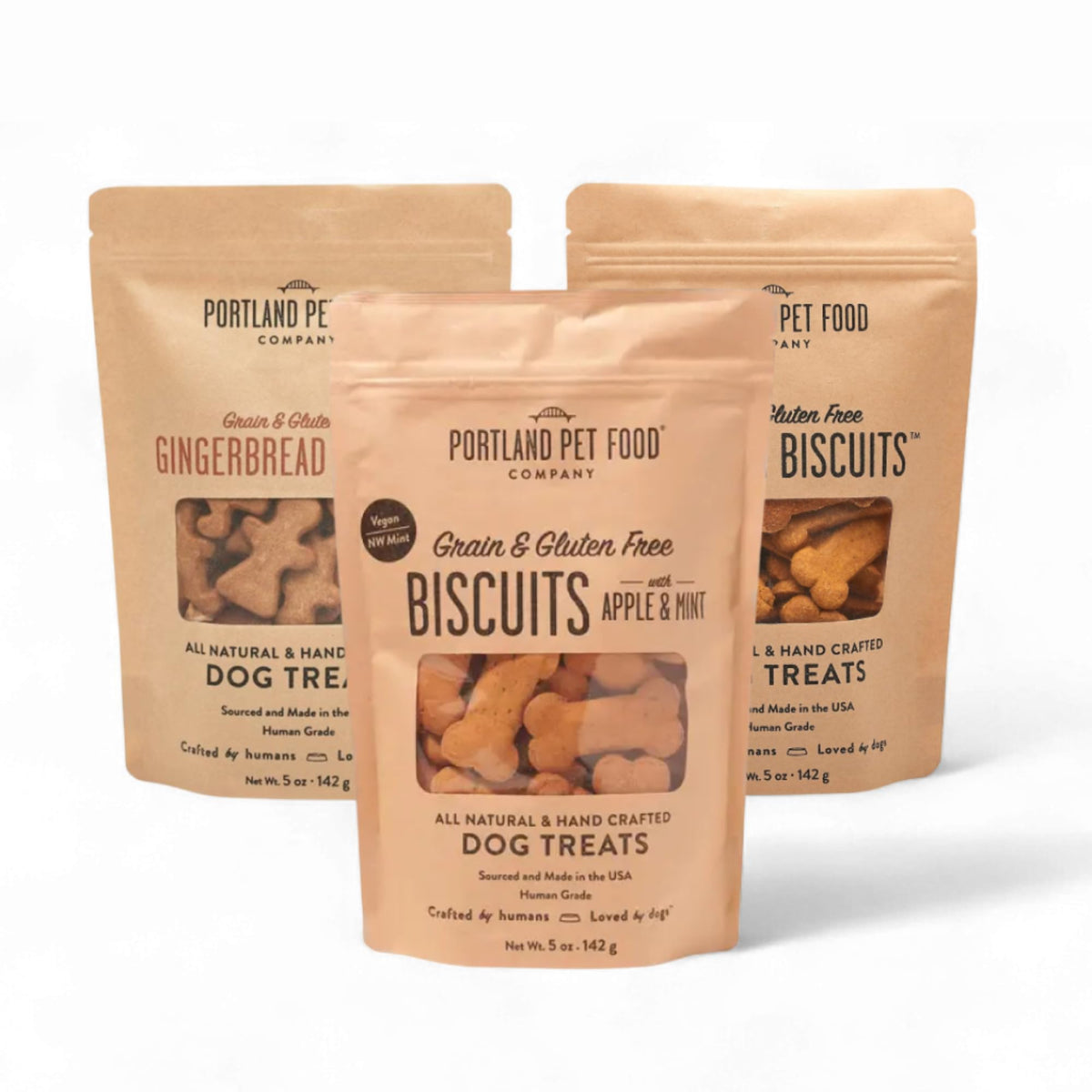 Crafted by Humans Apple Mint dog treats in pack, ideal for training rewards across sizes.