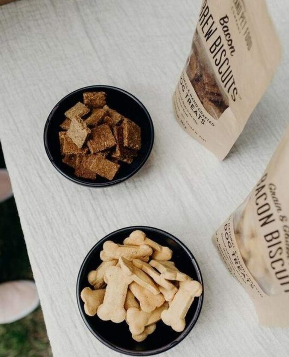 Crafted by Humans Brew Biscuit charity donation badge shows 5% profits support shelters.