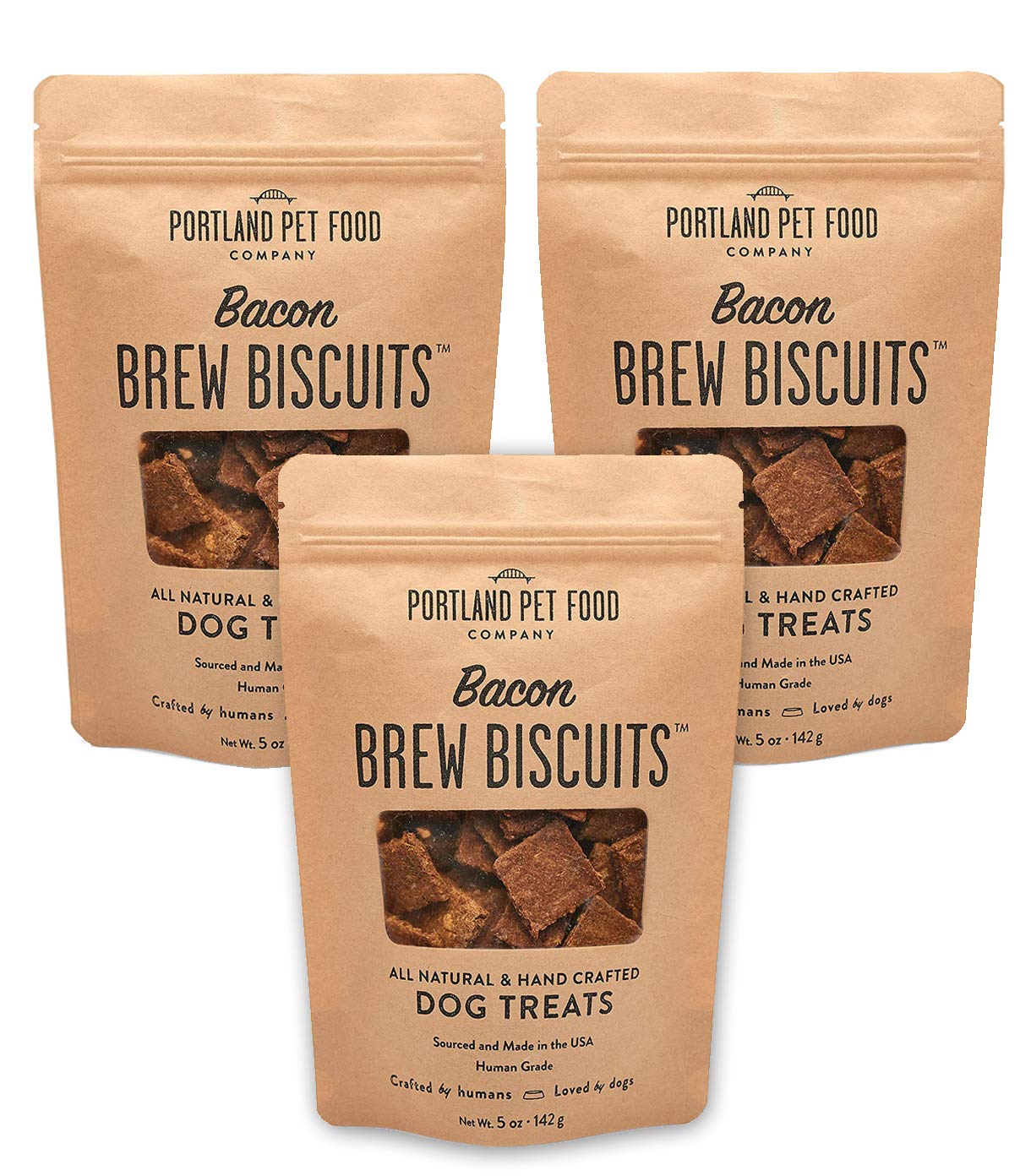Crafted by Humans Brew Biscuit pack-front with 3x5 oz bags, upcycled grains.