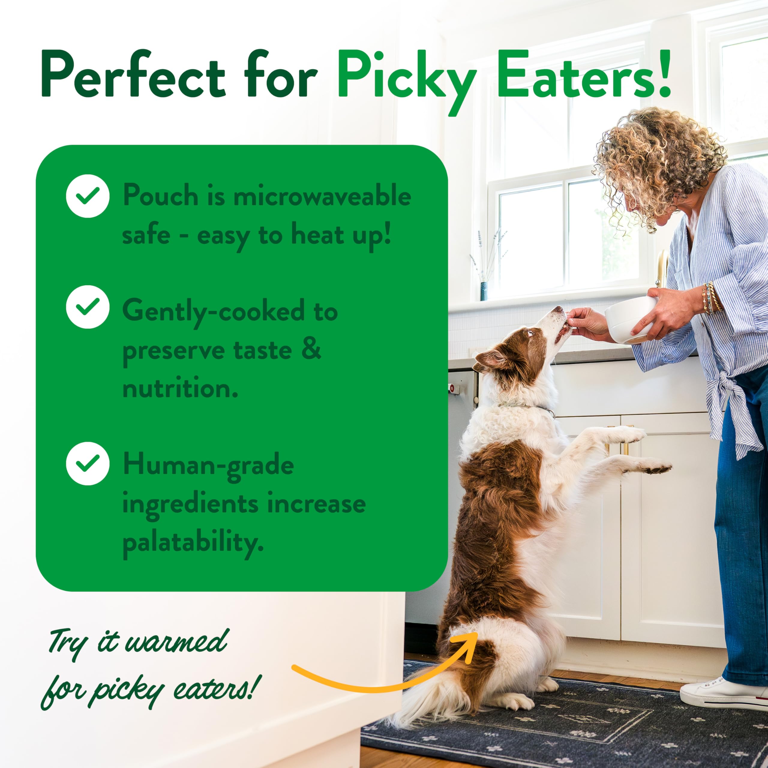 Crafted by Humans Loved by Dogs Portland pouch serving ideas illustrate meal mixer or topper.