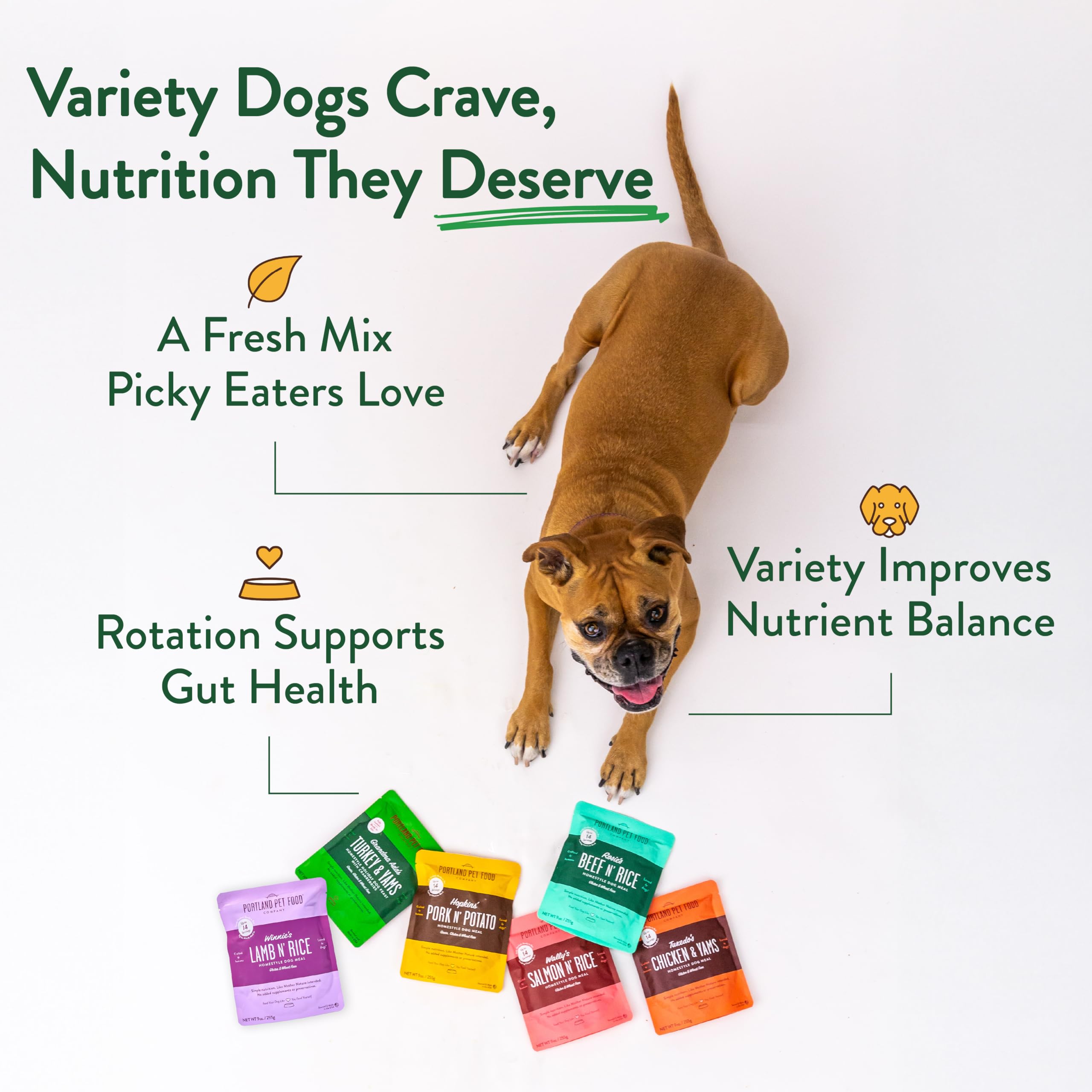 Crafted by Humans Loved by Dogs Portland pouch US-sourced ingredients highlight.
