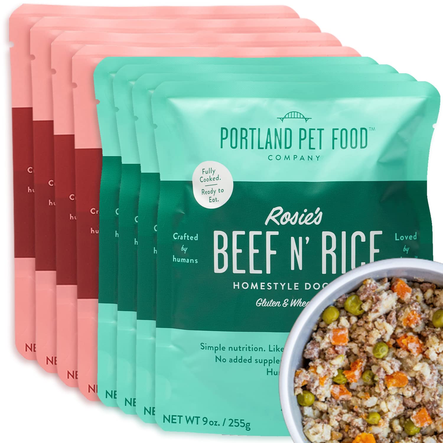 Crafted by Humans Loved by Dogs Portland Salmon N’ Rice pouch front—shelf-stable and ready to serve.