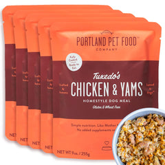 Crafted by Humans Tuxedo’s Chicken & Yams pouch opened to reveal human-grade ingredients for a tasty dog meal.