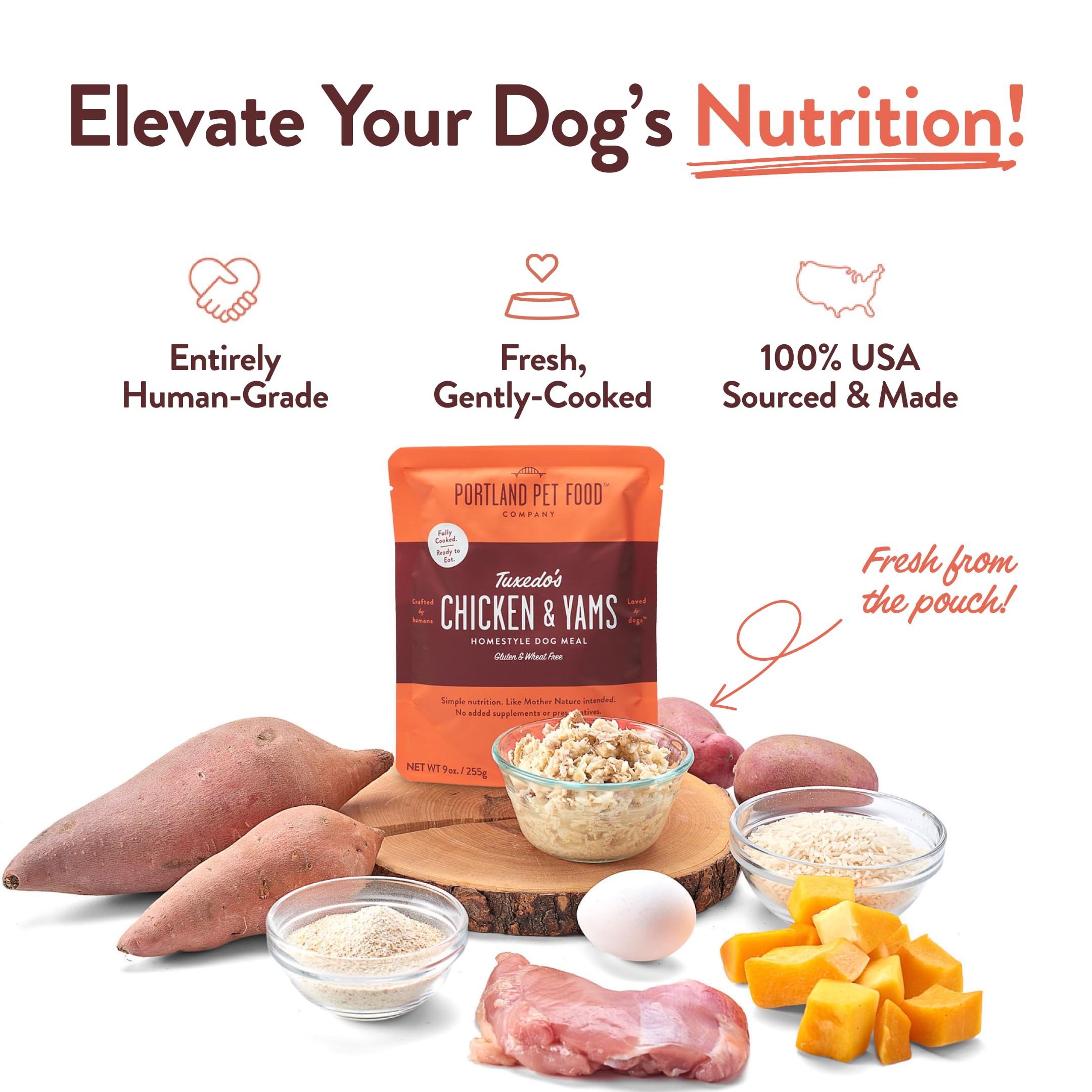 Crafted by Humans Tuxedo’s Chicken & Yams pouch ready to serve for a flavorful dog dinner.