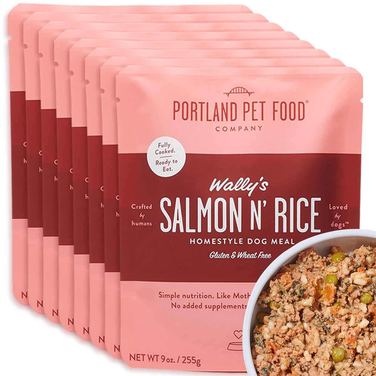 Crafted by Humans Wallys Salmon N Rice pouch close-up shows ingredients fit for picky eaters
