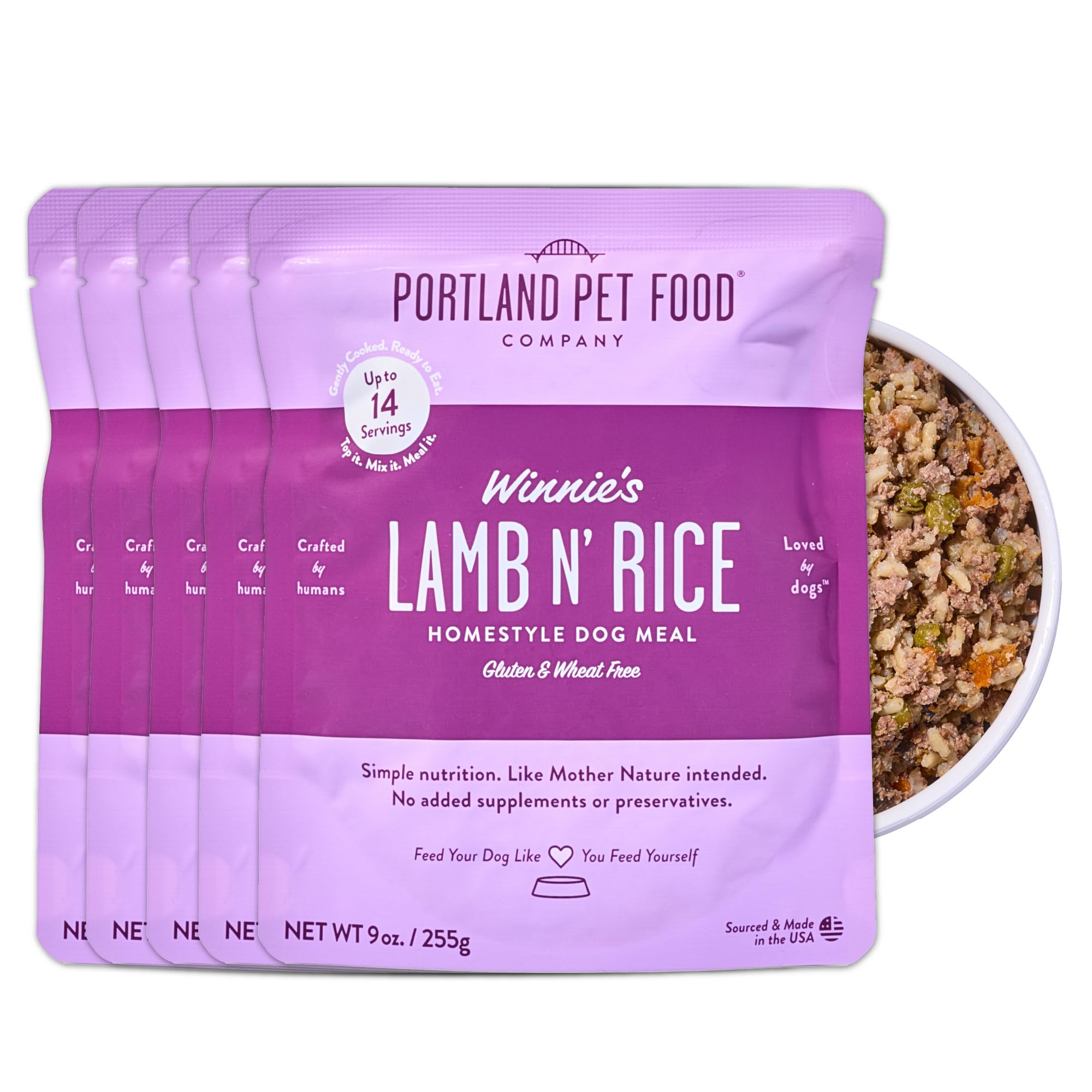 Winnie's Lamb N' Rice pouch closeup for easy, fresh meals.