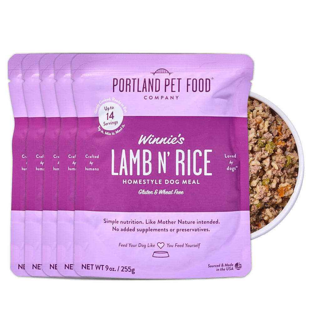 Winnie's Lamb N' Rice pouch closeup for easy, fresh meals.