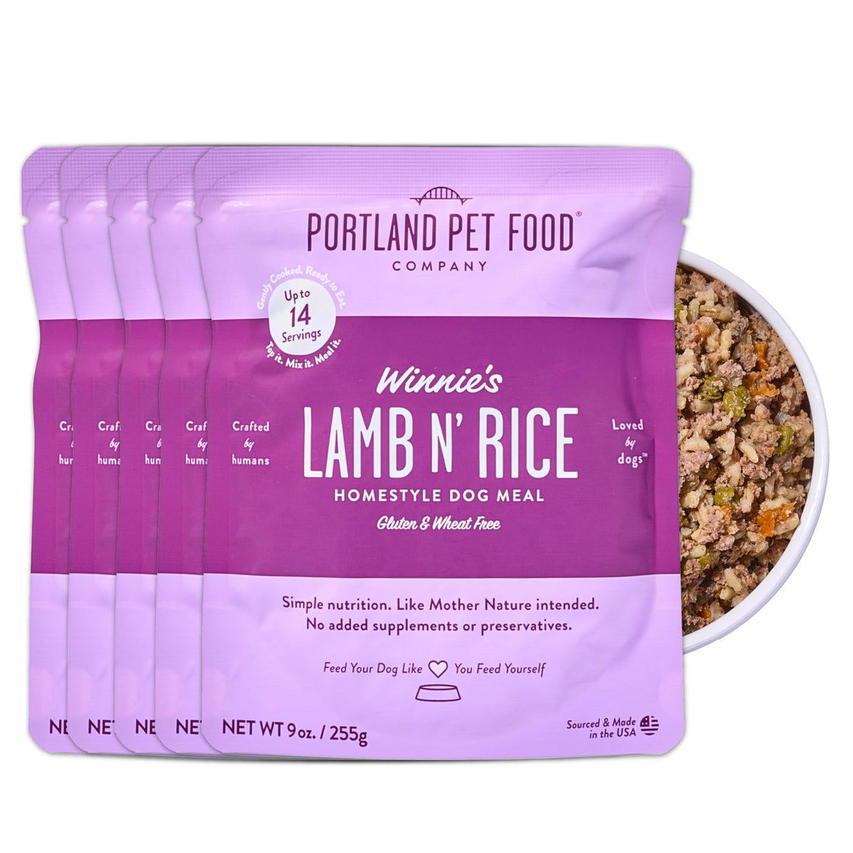 Winnie's Lamb N' Rice pouch closeup for easy, fresh meals.