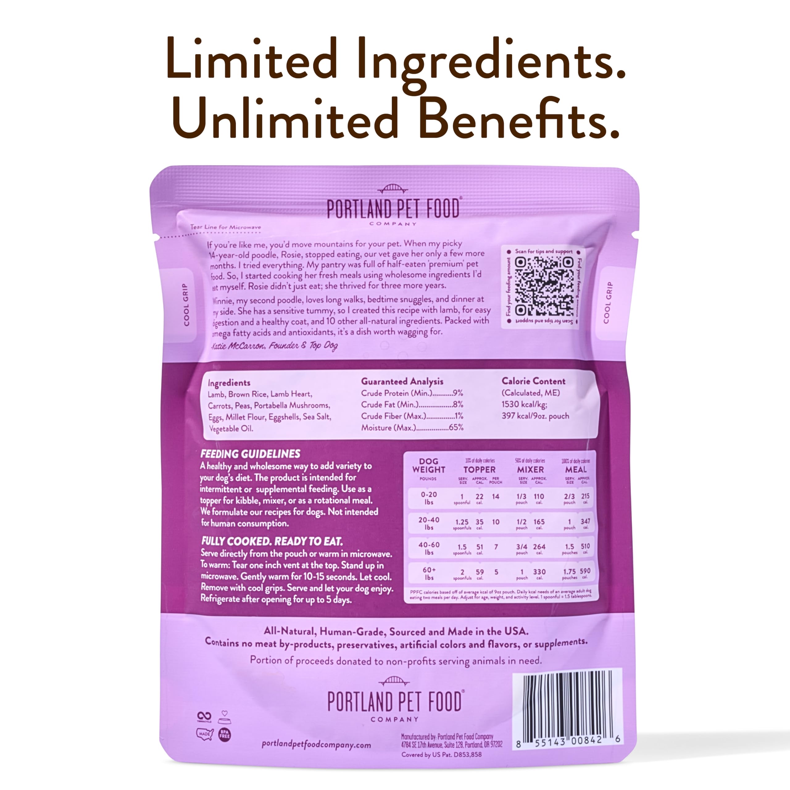 Winnie's Lamb N' Rice pouch open for quick servings.