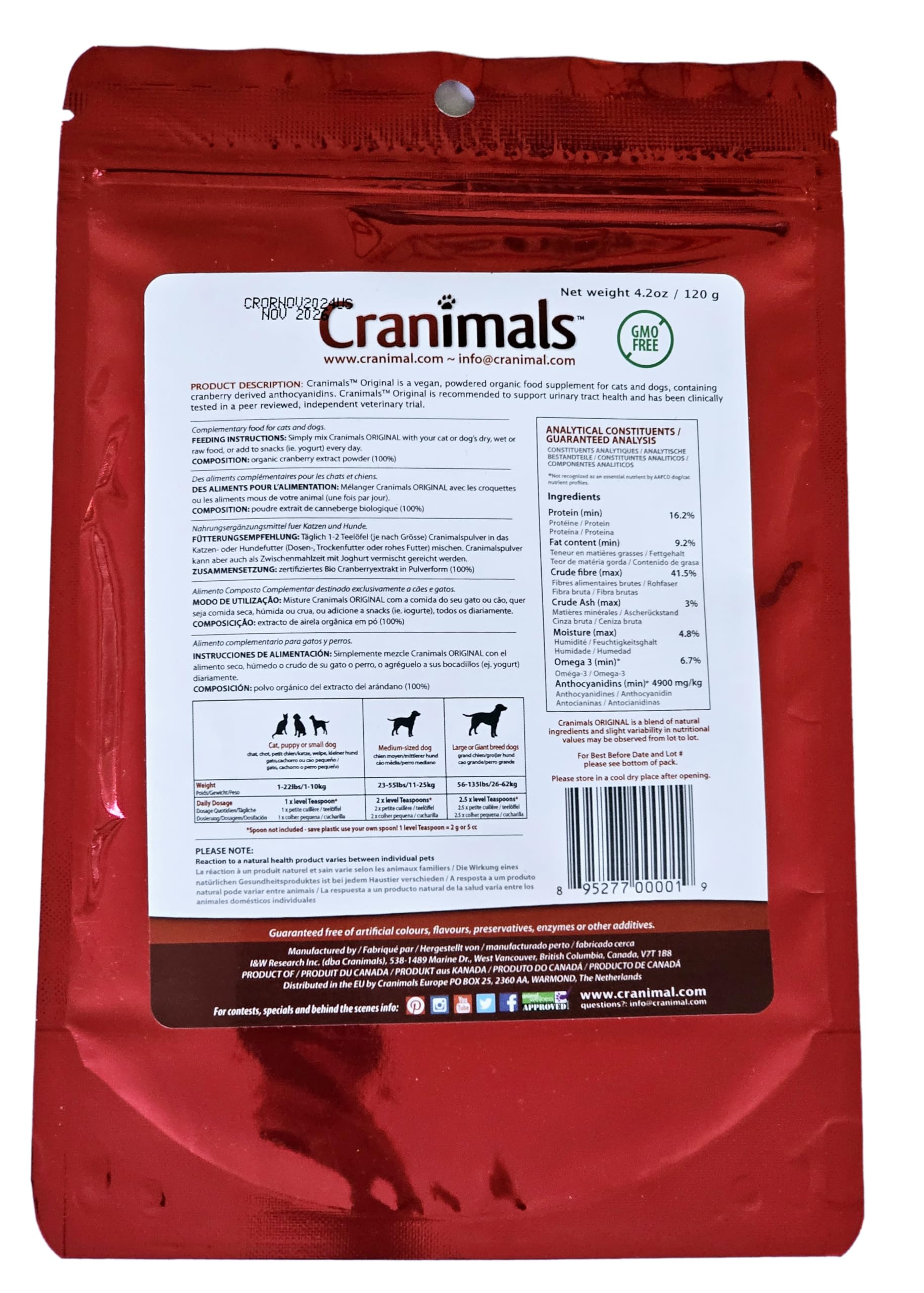 Cranimals cranberry powder for cats, bottle-pour, supports bladder comfort.