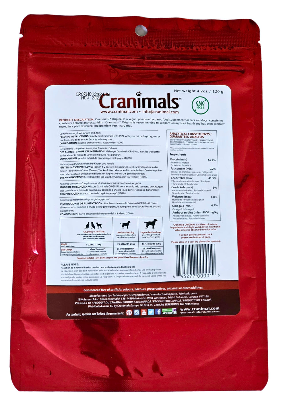 Cranimals cranberry powder for cats, bottle-pour, supports bladder comfort.