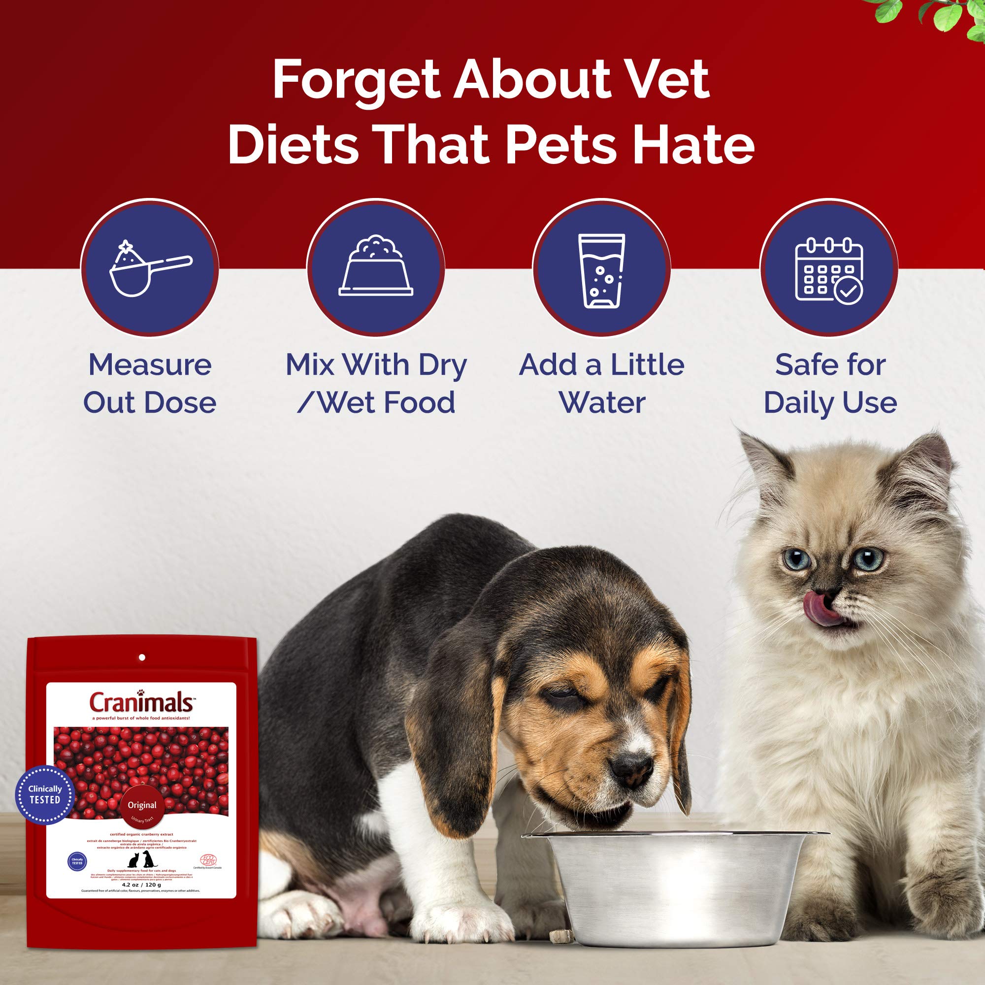 Cranimals cranberry powder mixed with kibble for convenient use.