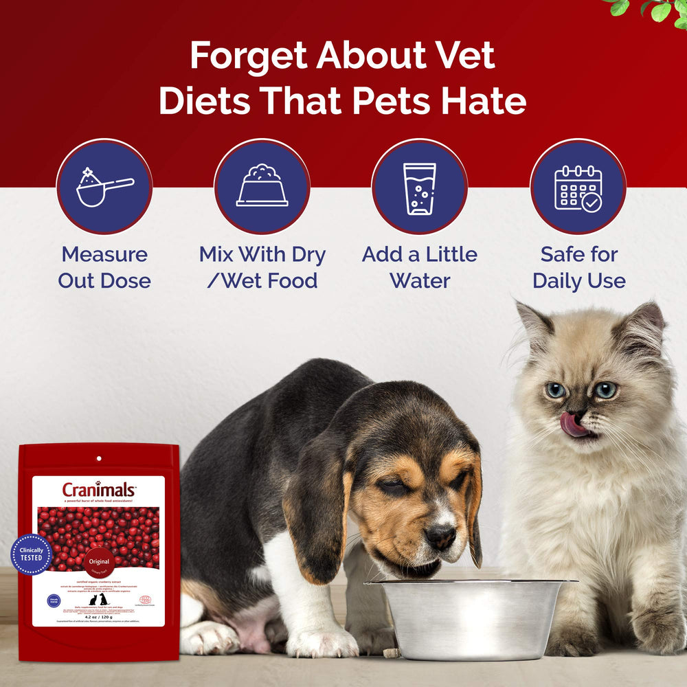 Cranimals cranberry powder mixed with kibble for convenient use.