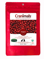 Cranimals cranberry powder for dogs, bottle-pour view, supports urinary health.