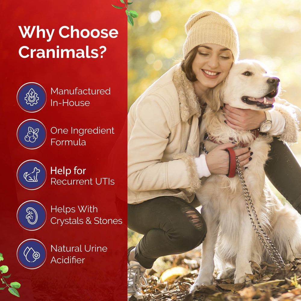 Cranimals cranberry powder added to dog treats, tasty daily support.