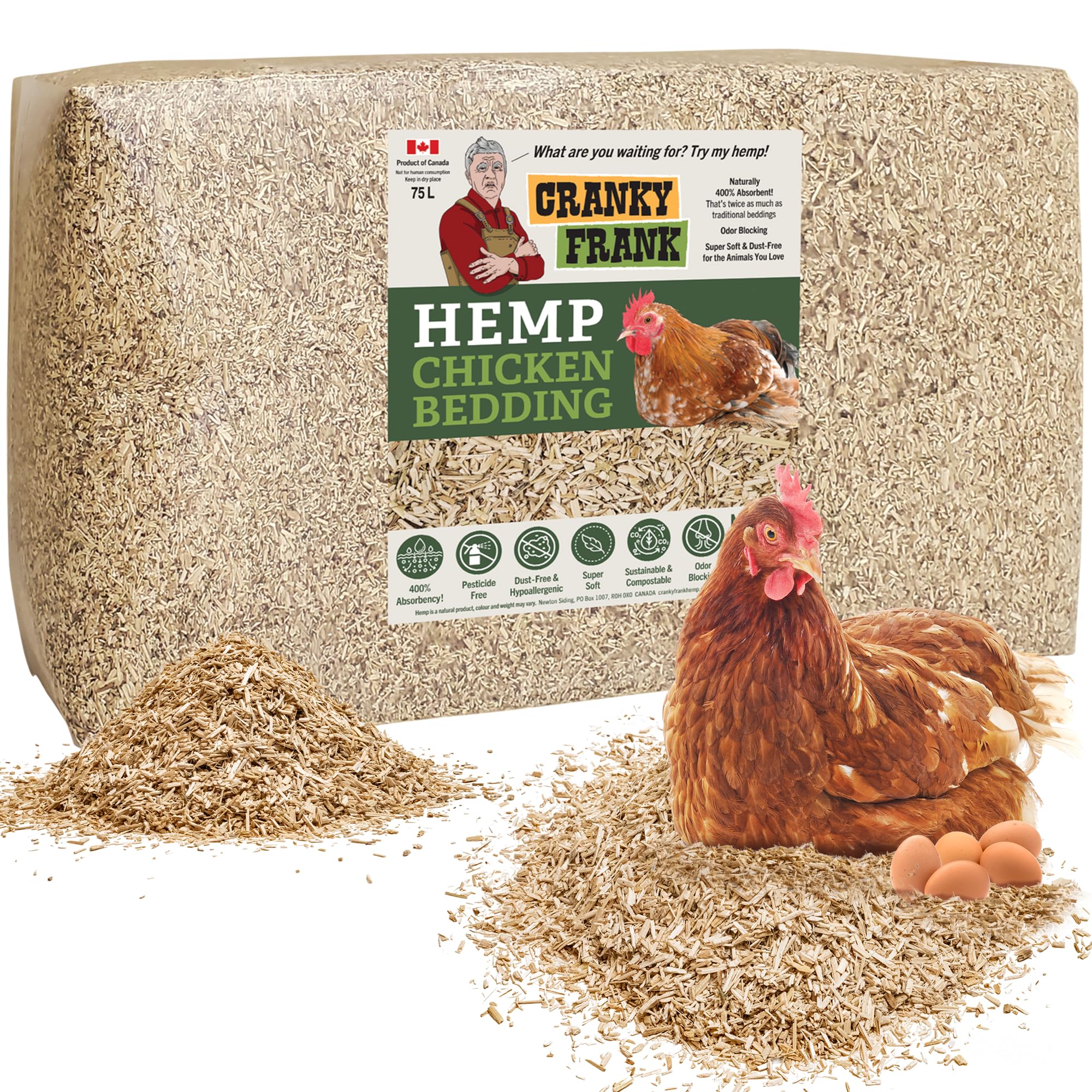 Cranky Frank Hemp highly absorbent chicken bedding keeps the coop dry.