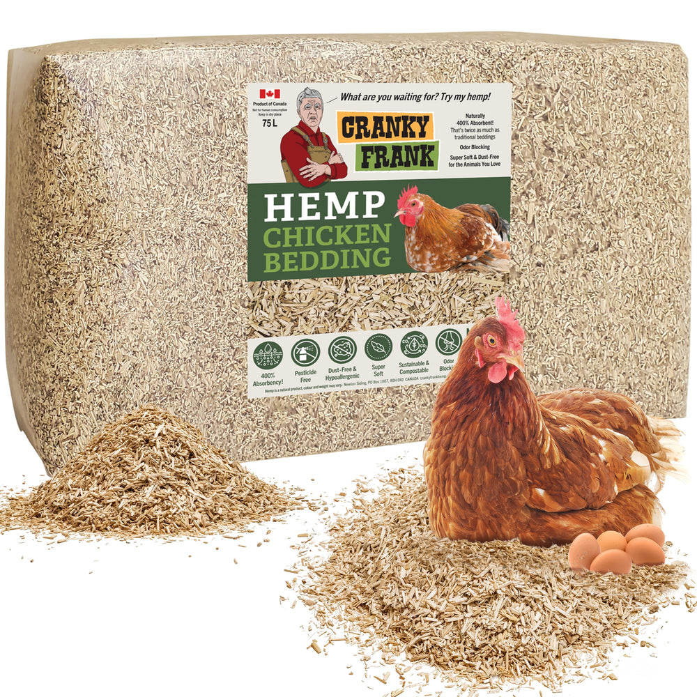 Cranky Frank Hemp highly absorbent chicken bedding keeps the coop dry.