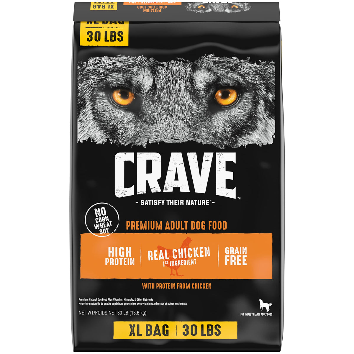 CRAVE grain-free dry dog food bag front showing real chicken protein for adults.