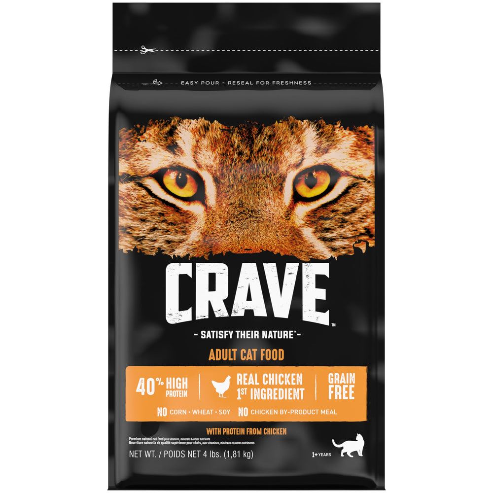 CRAVE grain-free adult cat food bag front view for easy recognition