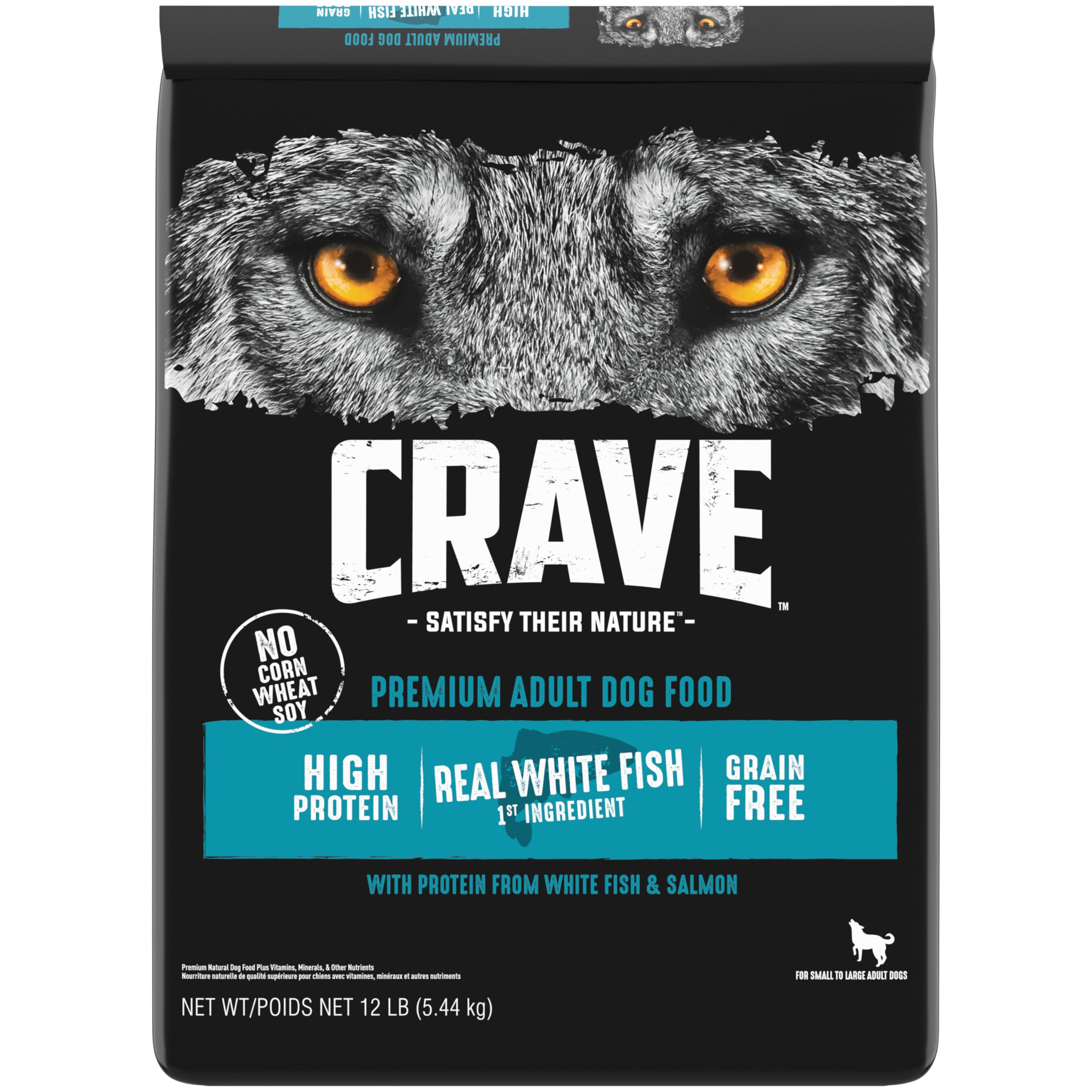 CRAVE grain-free dog food bag with salmon and ocean fish supports lean muscles.