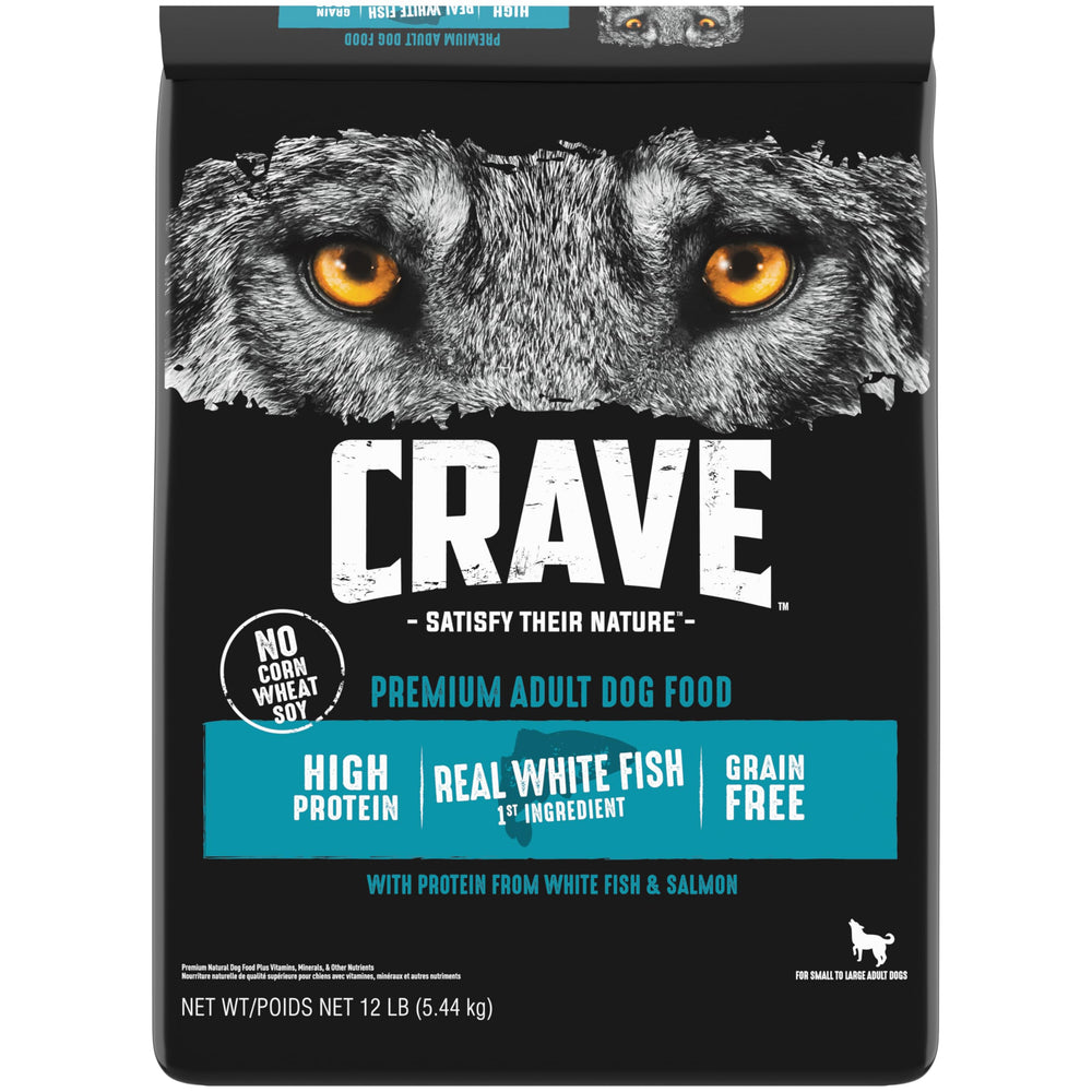CRAVE grain-free dog food bag with salmon and ocean fish supports lean muscles.