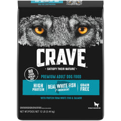 CRAVE grain-free dog food bag with salmon and ocean fish supports lean muscles.