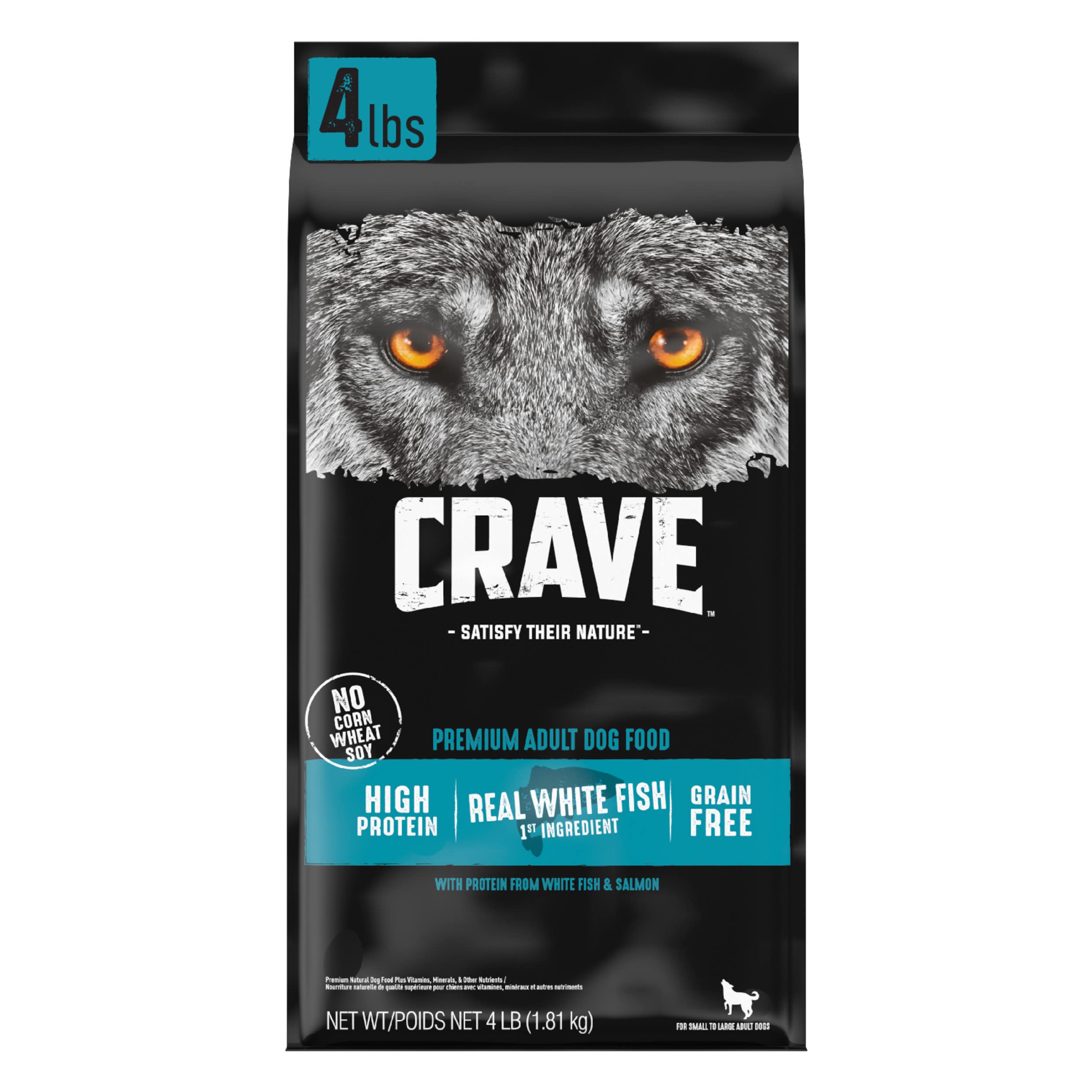 CRAVE grain-free adult dog food bag front showcasing high-protein formula.